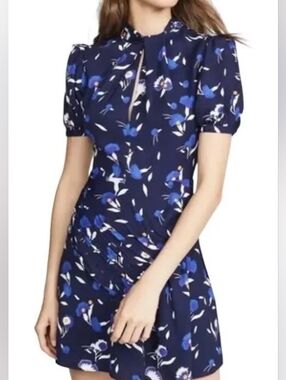 Self Portrait Navy Botanical Mini Viscose Dress